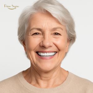 paciente sorrindo após rejuvenescimento facial natural com implantes dentários