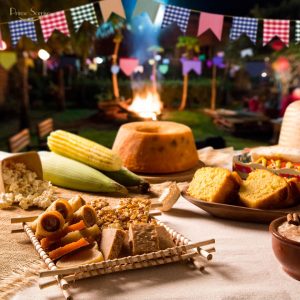 Doces típicos de festa junina ao lado de escova de dentes representando cuidados com saúde bucal
